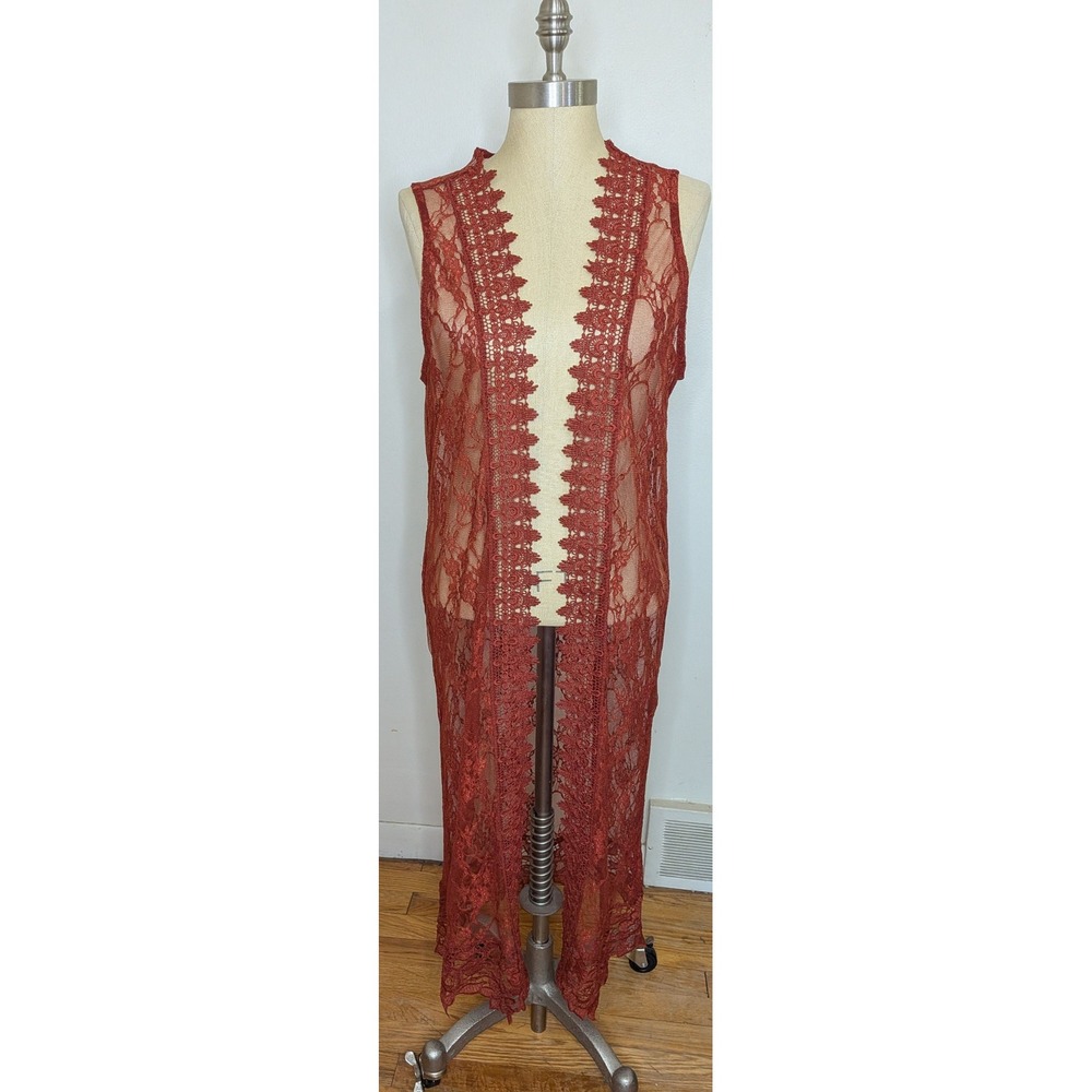 Boho Rust Lace Longline Duster Vest Crochet Trim Sleeveless Sheer Cardigan